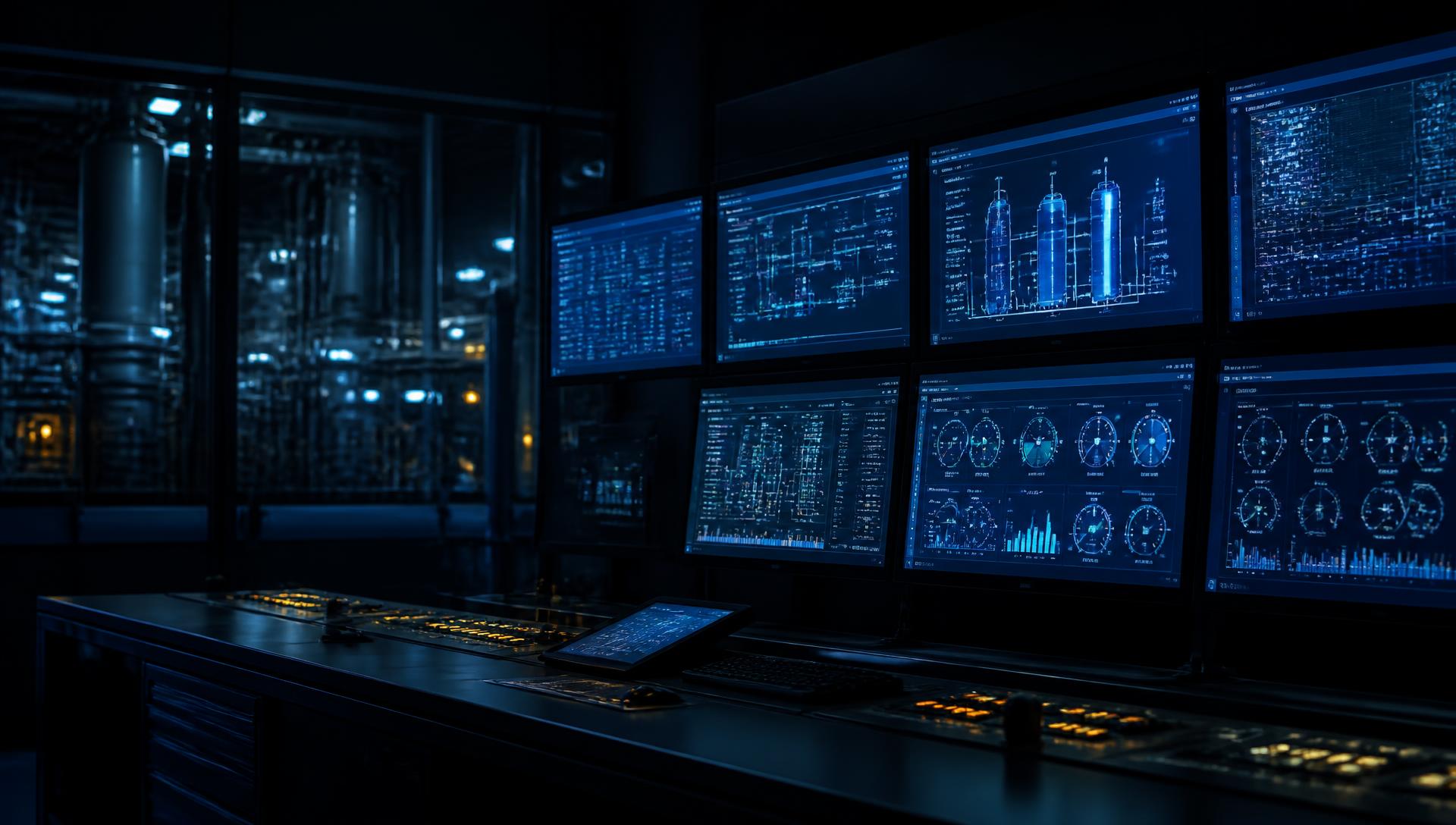 Sala de control industrial con pantallas SCADA