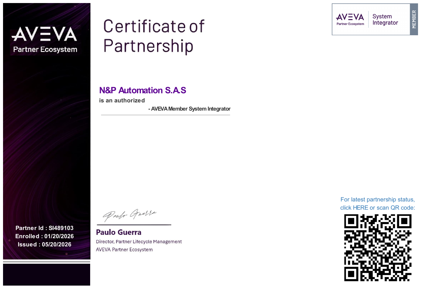 Certificado de Partnership de AVEVA para N&P Automation S.A.S