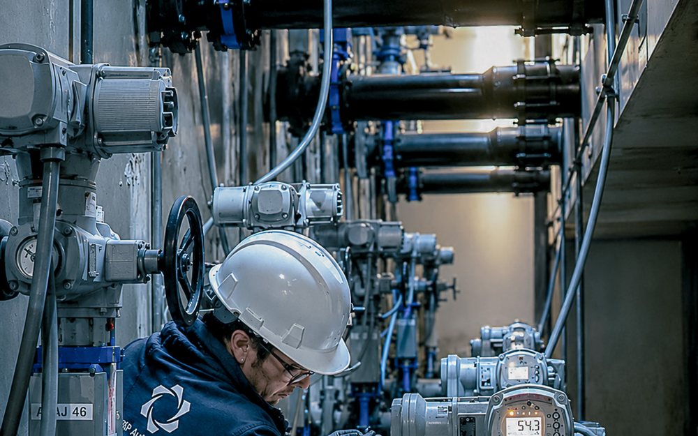 Técnico de N&P Automation calibrando instrumentación de campo con caudalímetro y actuadores